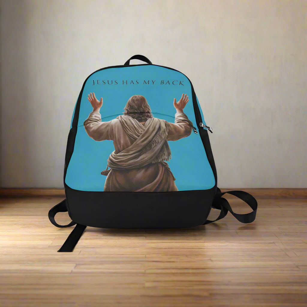 "Jesus Has My Back" Christian Backpack-Black Side Accent (Choose Green or Blue shades)