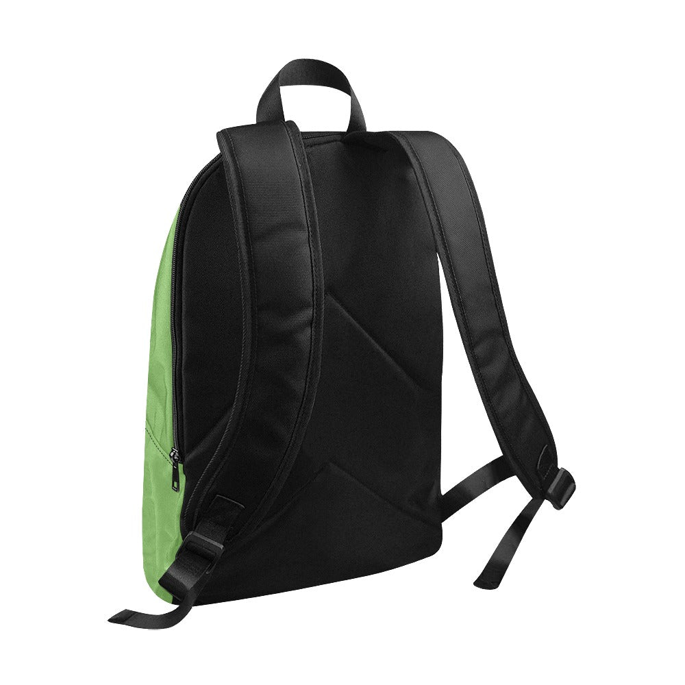 Black backpack with a green side panel on a white background