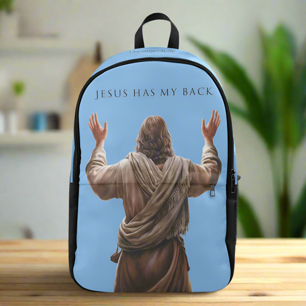 "Jesus Has My Back" Christian Backpack-Black Side Accent (Choose Green or Blue shades)