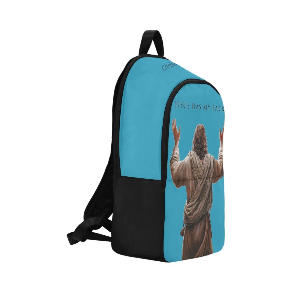 "Jesus Has My Back" Christian Backpack-Black Side Accent (Choose Green or Blue shades)