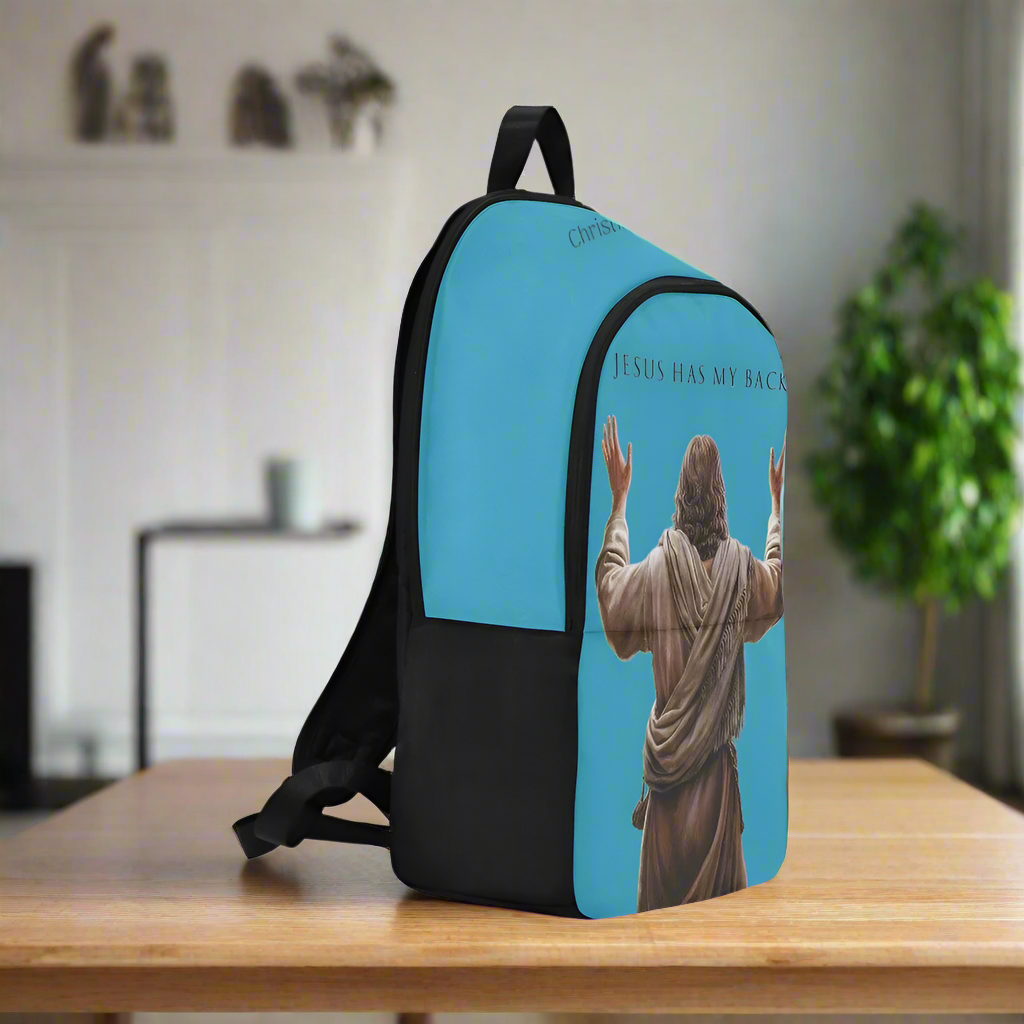 "Jesus Has My Back" Christian Backpack-Black Side Accent (Choose Green or Blue shades)