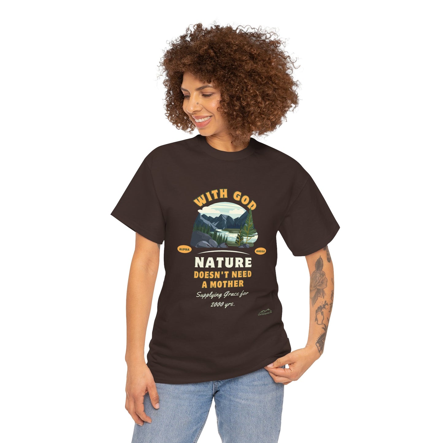 Unisex "With God Nature doesn't need a mother" Heavy Cotton Christian Tee