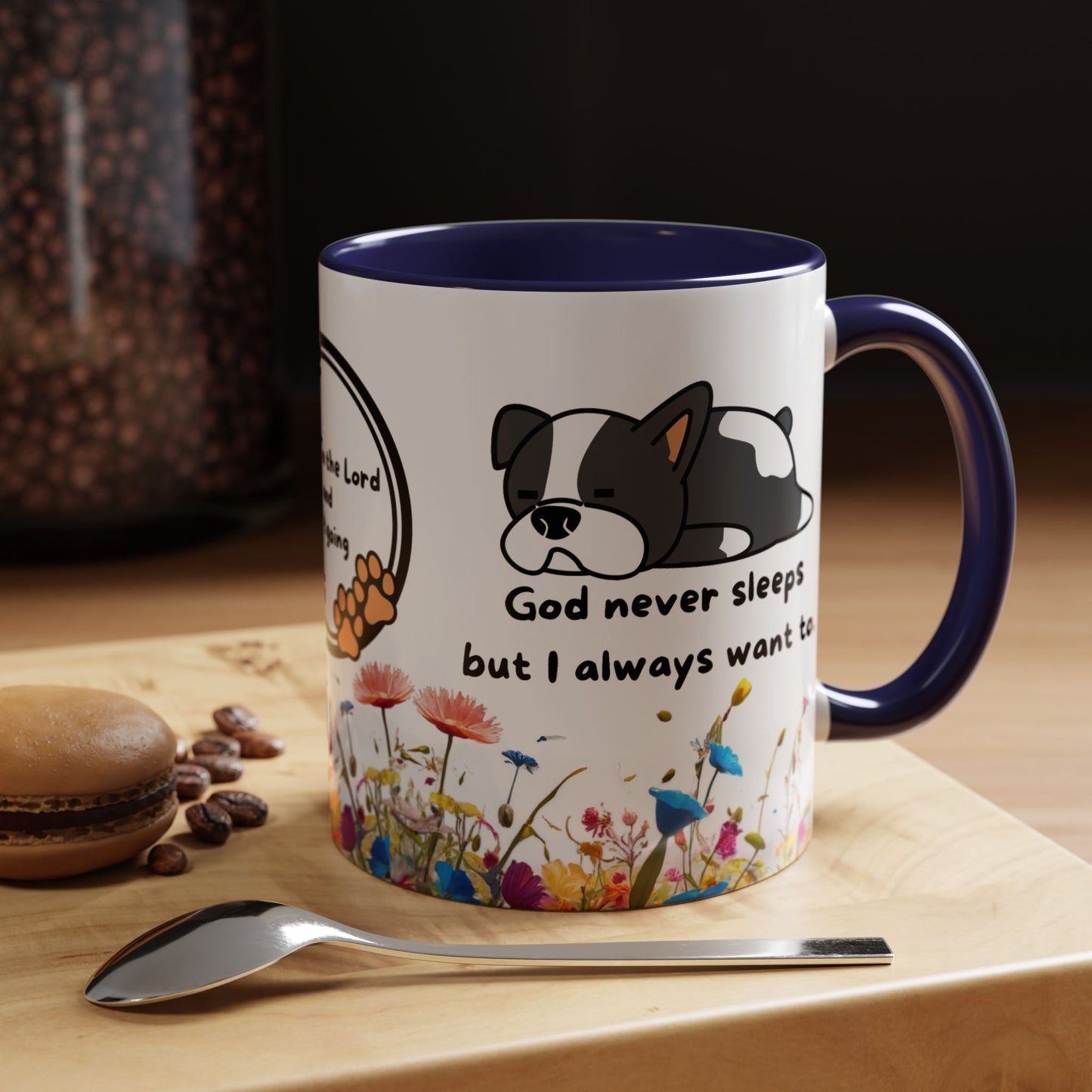 Christian 11oz and 15oz Accent Coffee Mug ’God never sleeps’ (with flowers) - 11oz / Navy - Mug
