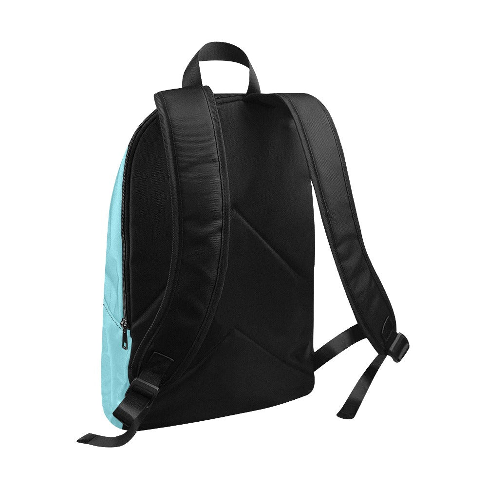 Black backpack with a light blue side panel on a white background