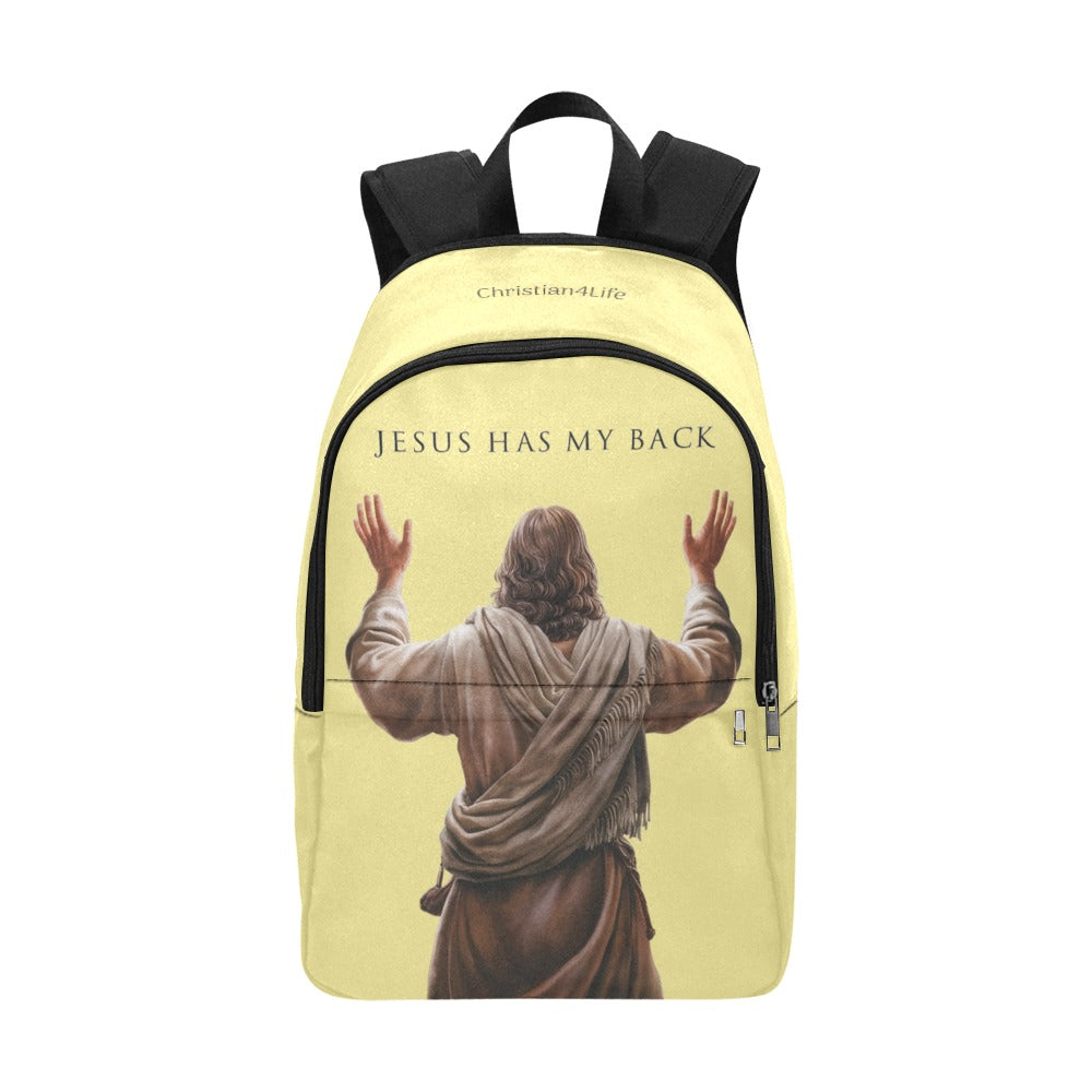 Backpack with a printed design of Jesus with arms outstretched and 'Jesus Has My Back' text on a yellow background.