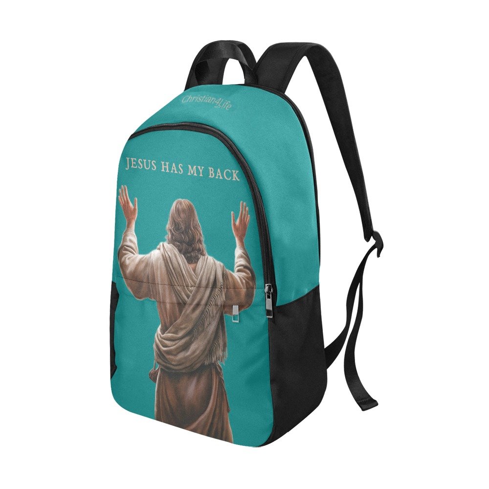 "Jesus Has My Back" Christian Backpack-Black Side Accent (Choose Green or Blue shades)