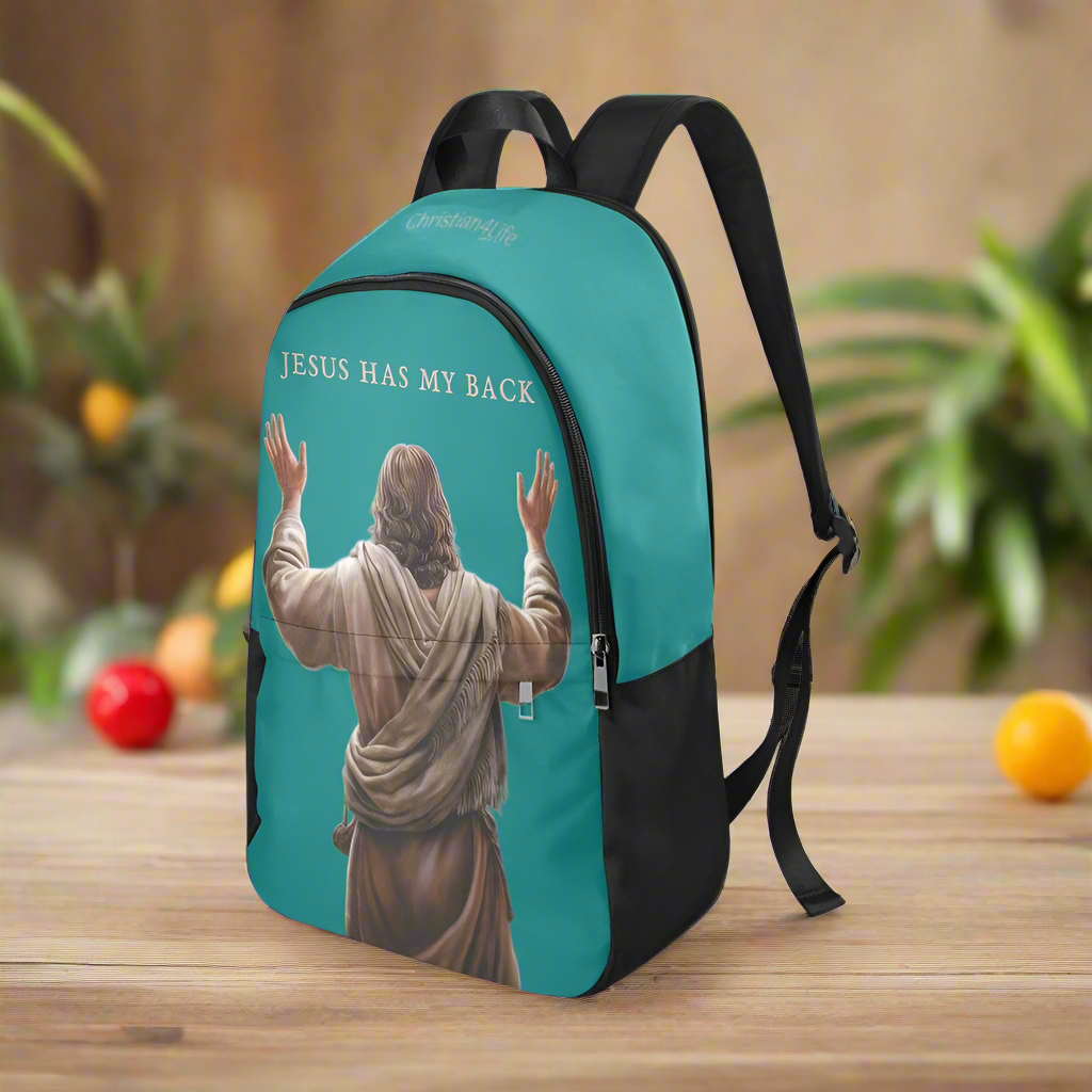 "Jesus Has My Back" Christian Backpack-Black Side Accent (Choose Green or Blue shades)