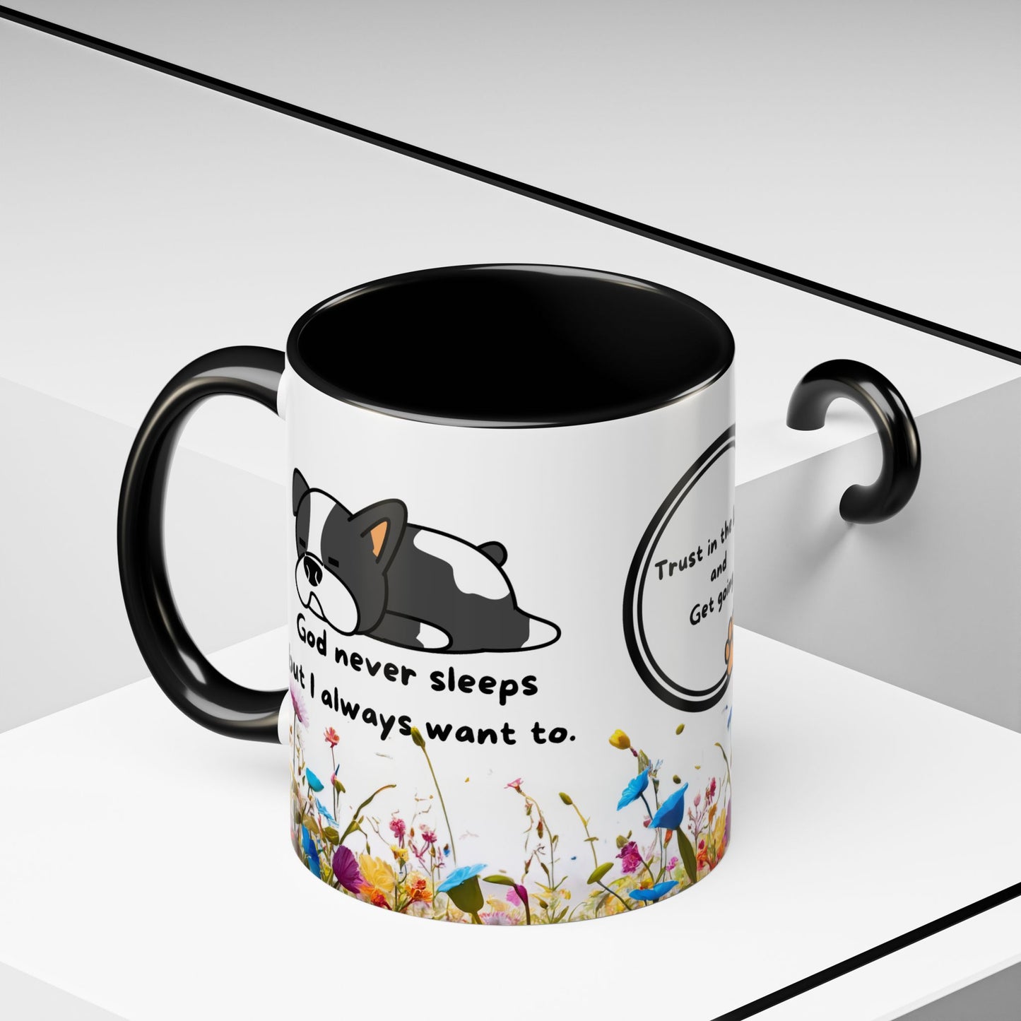 Christian 11oz and 15oz Accent Coffee Mug ’God never sleeps’ (with flowers) - 11oz / Black - Mug