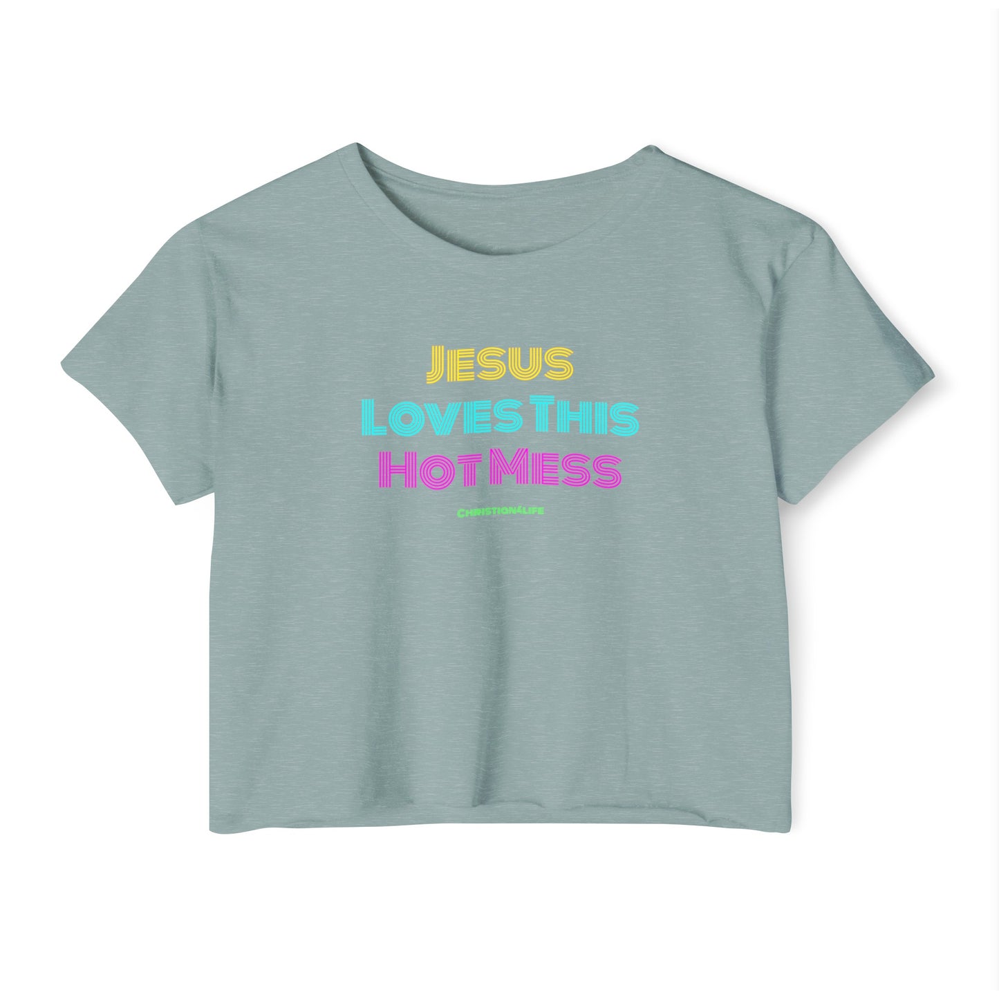 Jesus Loves this Hot Mess -Women’s Festival Crop Top - Stonewash Green / S - T-Shirt