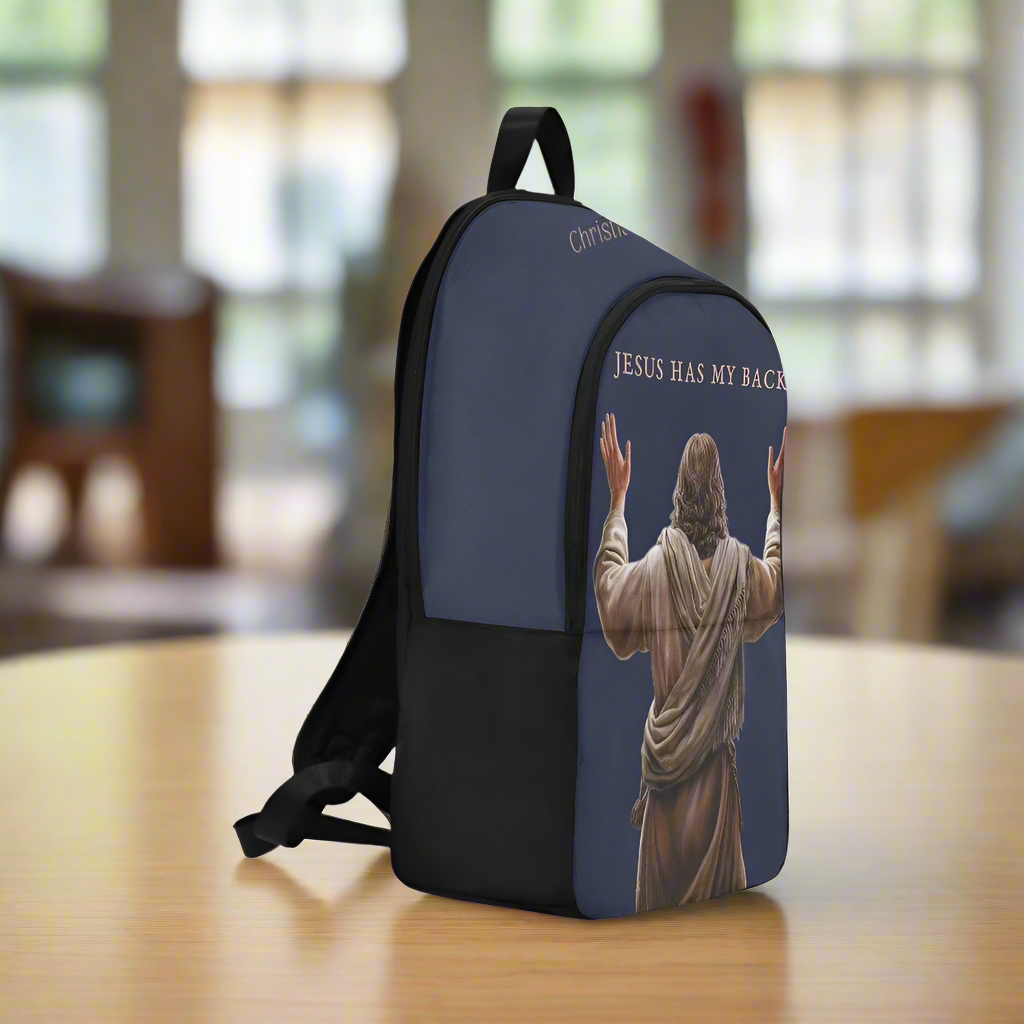 "Jesus Has My Back" Christian Backpack-Black Side Accent (Choose Green or Blue shades)