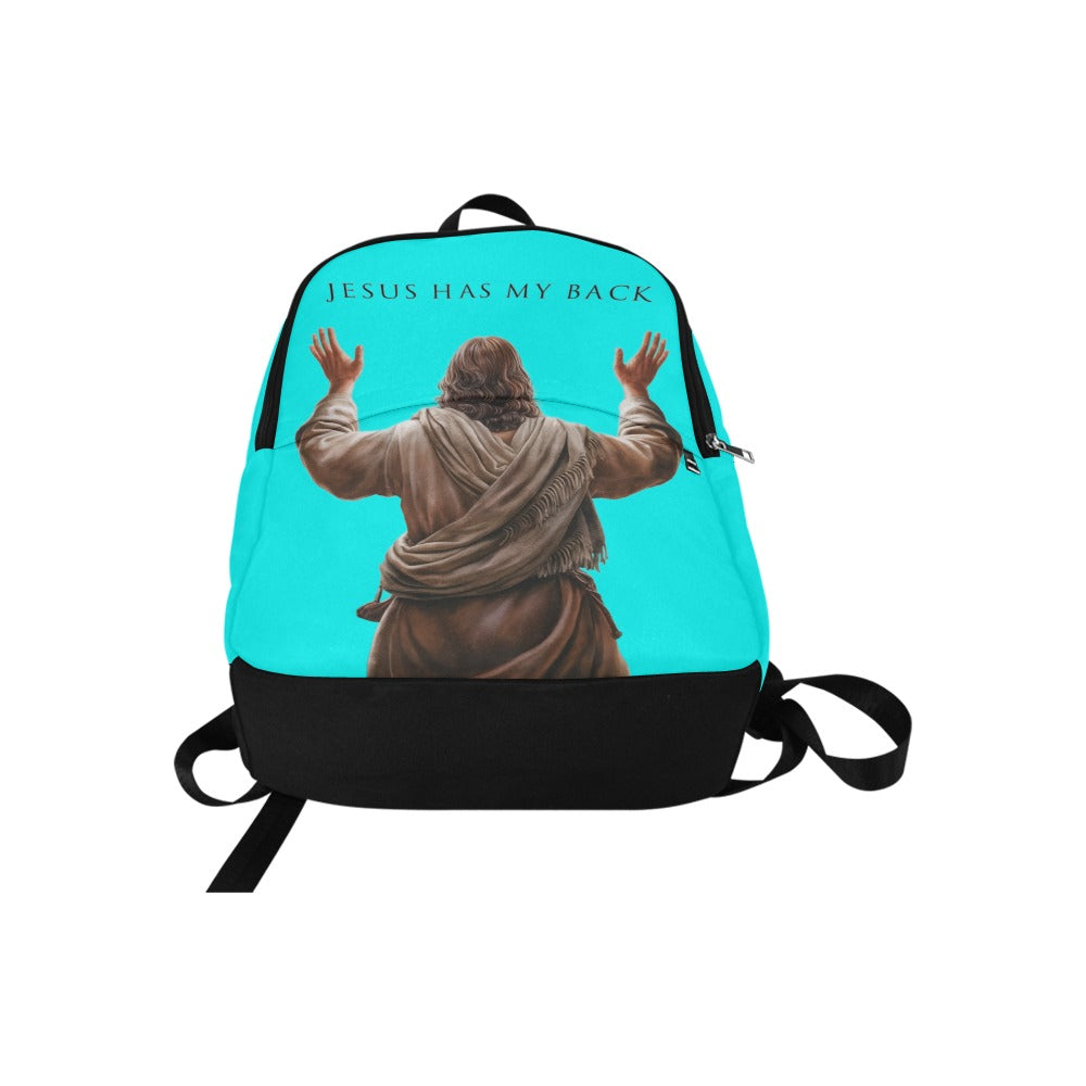 Backpack with a graphic of Jesus in robes and 'Jesus Has My Back' text