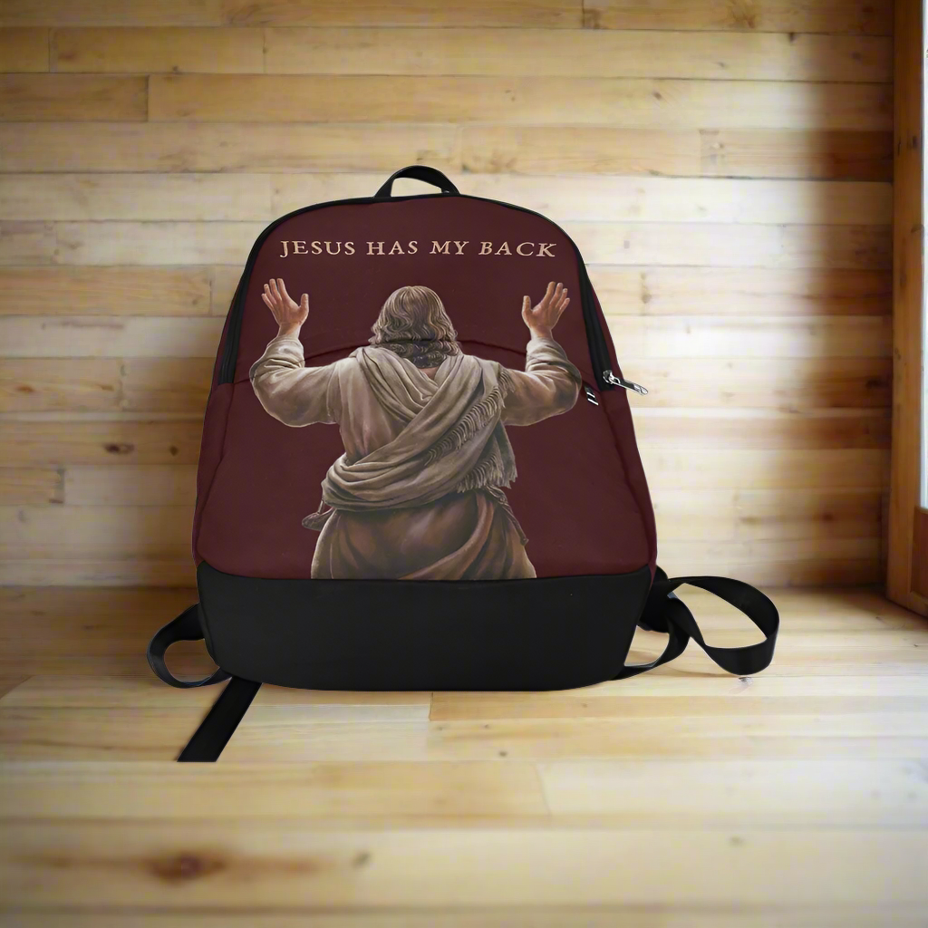 "Jesus Has My Back" Graphic design Christian Backpack (Choose Brown Shade)