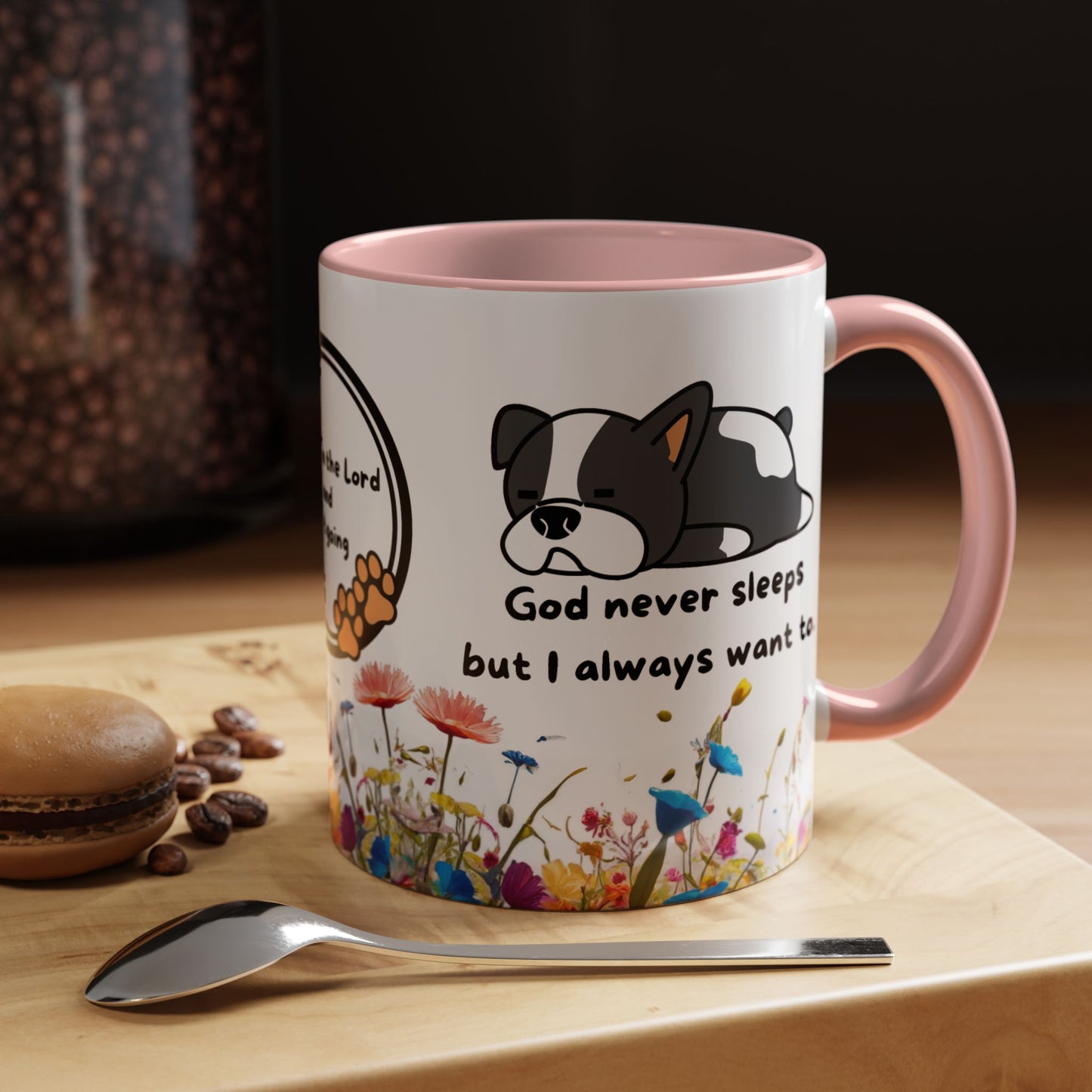 Christian 11oz and 15oz Accent Coffee Mug ’God never sleeps’ (with flowers) - 11oz / Pink - Mug