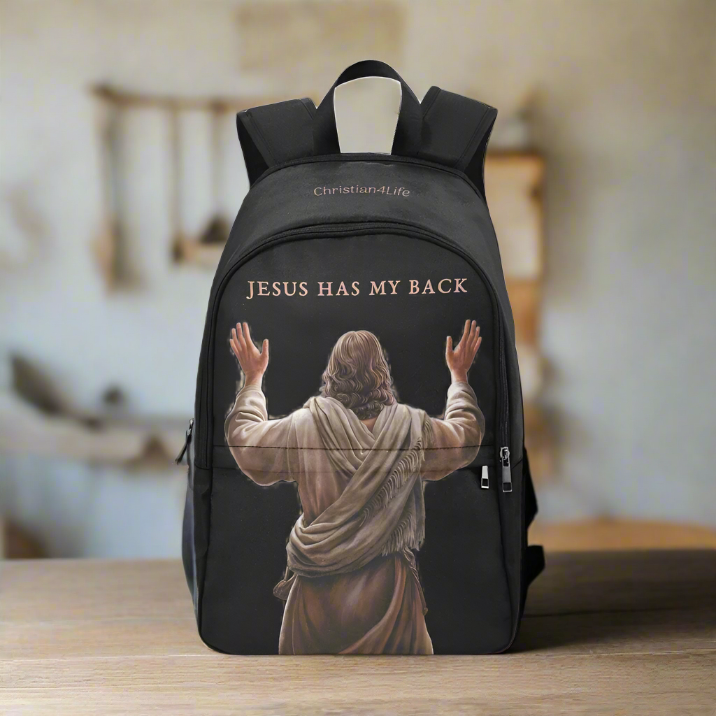 "Jesus Has My Back" Graphic design Christian Backpack (black)