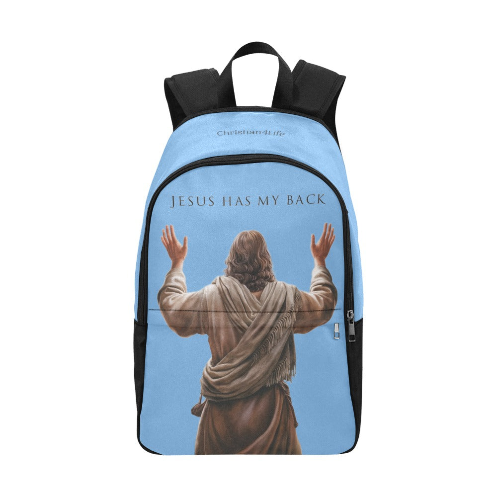 Backpack with a depiction of Jesus and 'Jesus Has My Back' text on a blue background