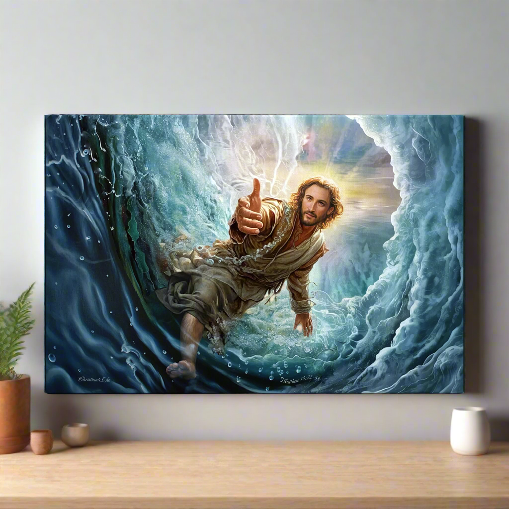 Jesus Reaches Down to Rescue and Lift You Out of the Water - Christian Gallery Wrapped Canvas Wall Art Print