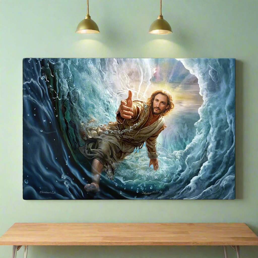 Jesus Reaches Down to Rescue and Lift You Out of the Water - Christian Gallery Wrapped Canvas Wall Art Print