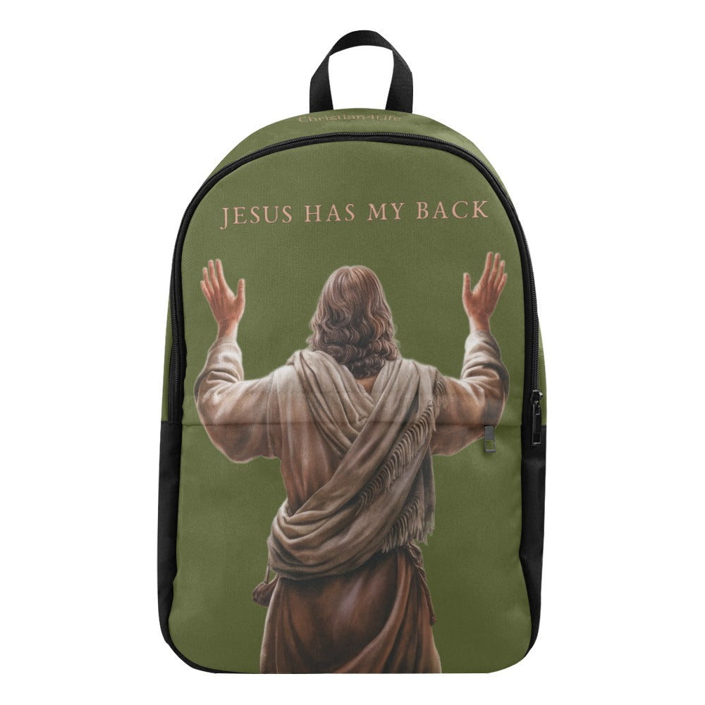 "Jesus Has My Back" Christian Backpack-Black Side Accent (Choose Green or Blue shades)