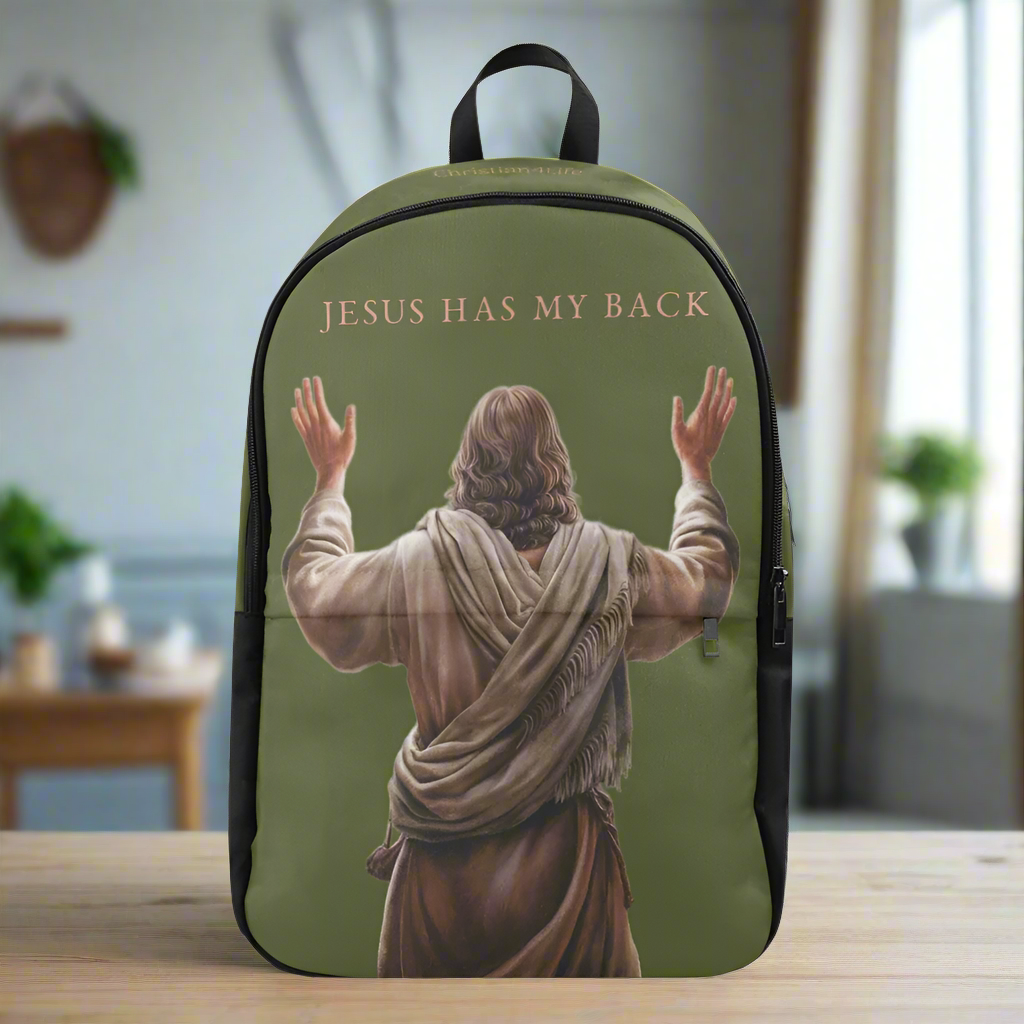 "Jesus Has My Back" Christian Backpack-Black Side Accent (Choose Green or Blue shades)