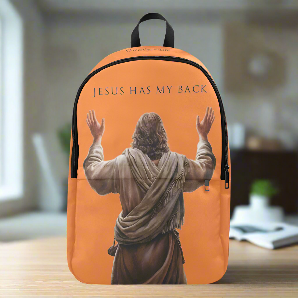 "Jesus Has My Back" Graphic design Christian Backpack (Choose Orange Shade)