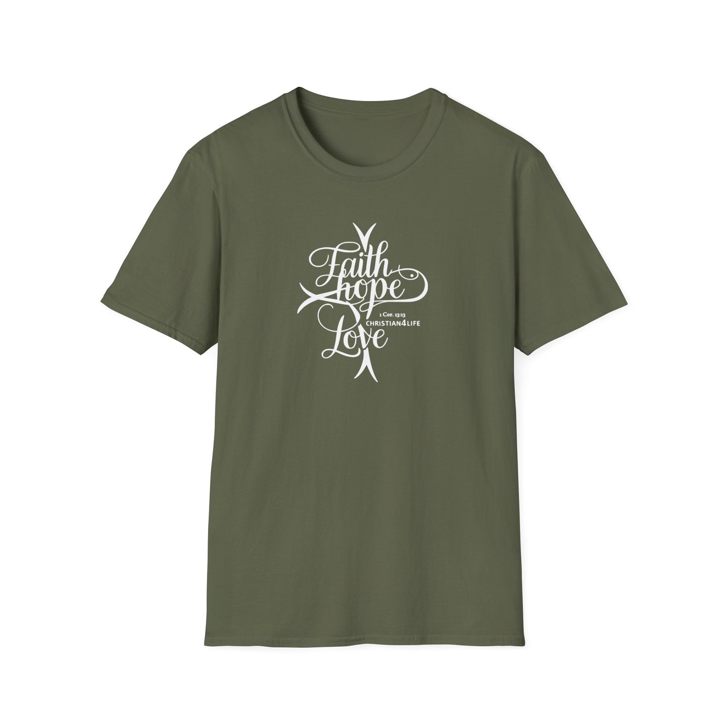 ’Faith Hope Love’ Unisex Christian Cotton Softstyle T-Shirt - Military Green / S - T-Shirt