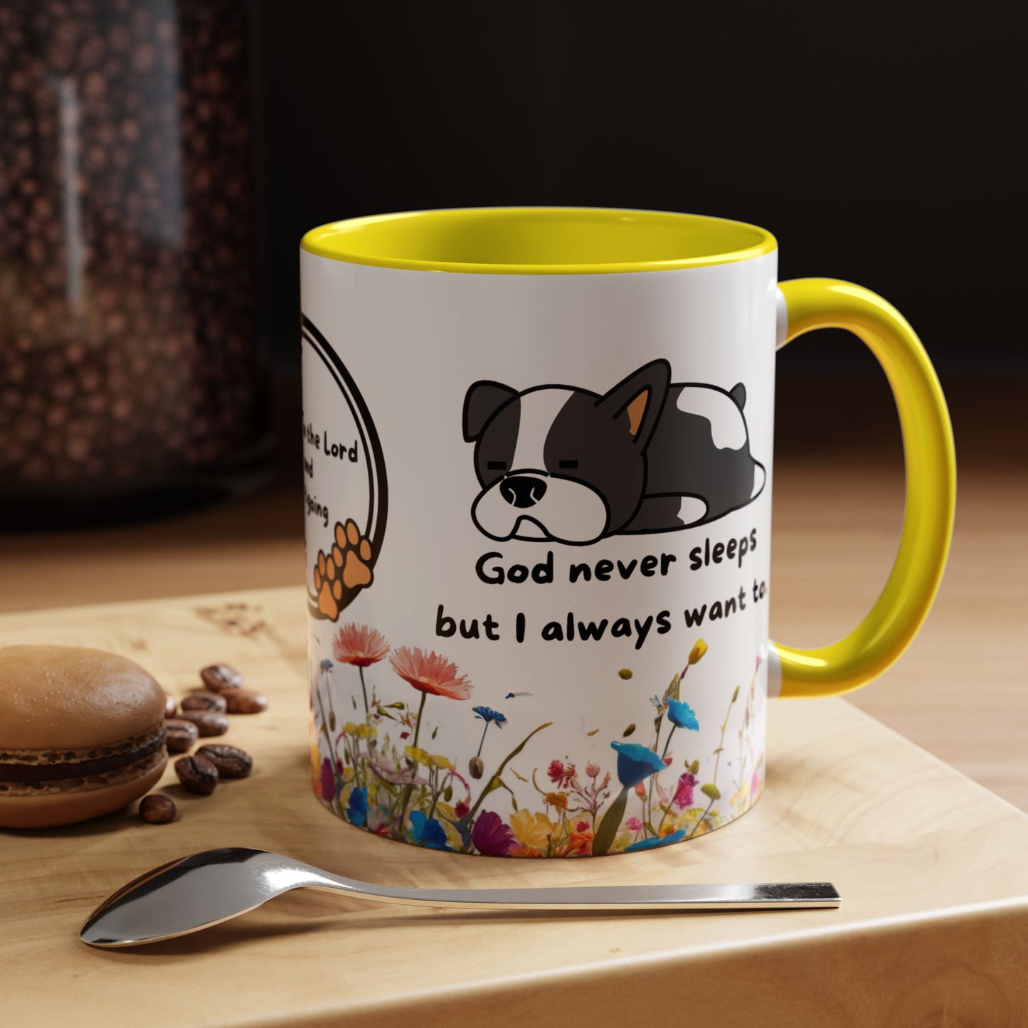 Christian 11oz and 15oz Accent Coffee Mug ’God never sleeps’ (with flowers) - 11oz / Yellow - Mug