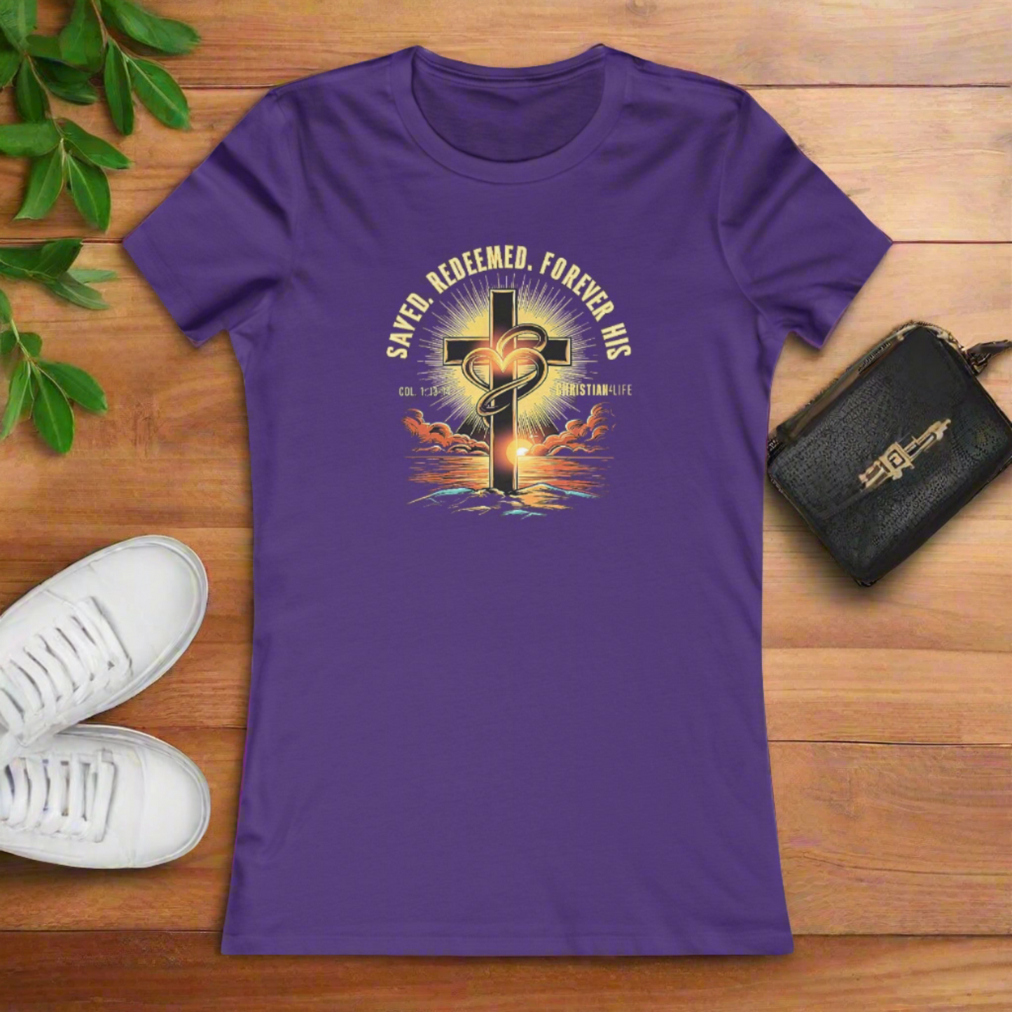 Women’s ’Saved Redeemed Forever His’ inspirational style Christian t-shirt - T-Shirt