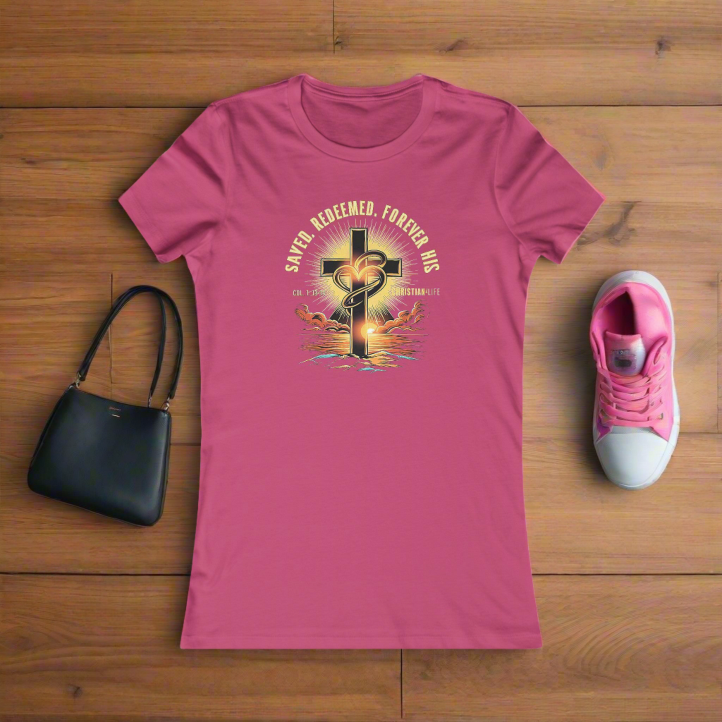 Women’s ’Saved Redeemed Forever His’ inspirational style Christian t-shirt - T-Shirt