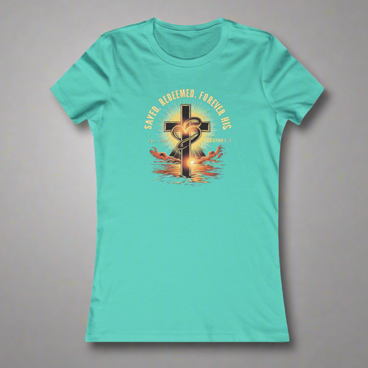 Women’s ’Saved Redeemed Forever His’ inspirational style Christian t-shirt - T-Shirt