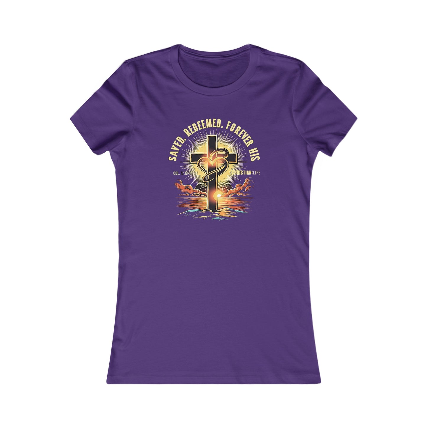 Women’s ’Saved Redeemed Forever His’ inspirational style Christian t-shirt - S / Team Purple - T-Shirt