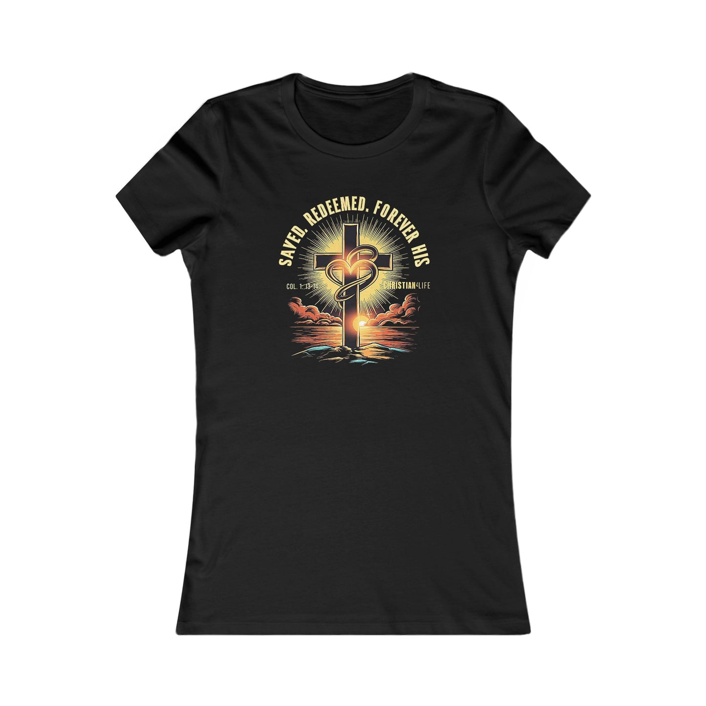 Women’s ’Saved Redeemed Forever His’ inspirational style Christian t-shirt - S / Black - T-Shirt
