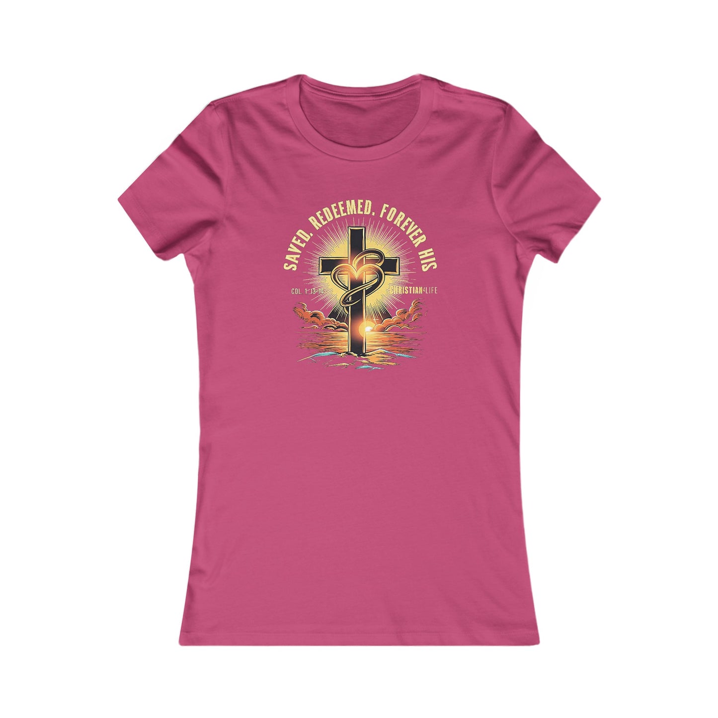 Women’s ’Saved Redeemed Forever His’ inspirational style Christian t-shirt - S / Berry - T-Shirt