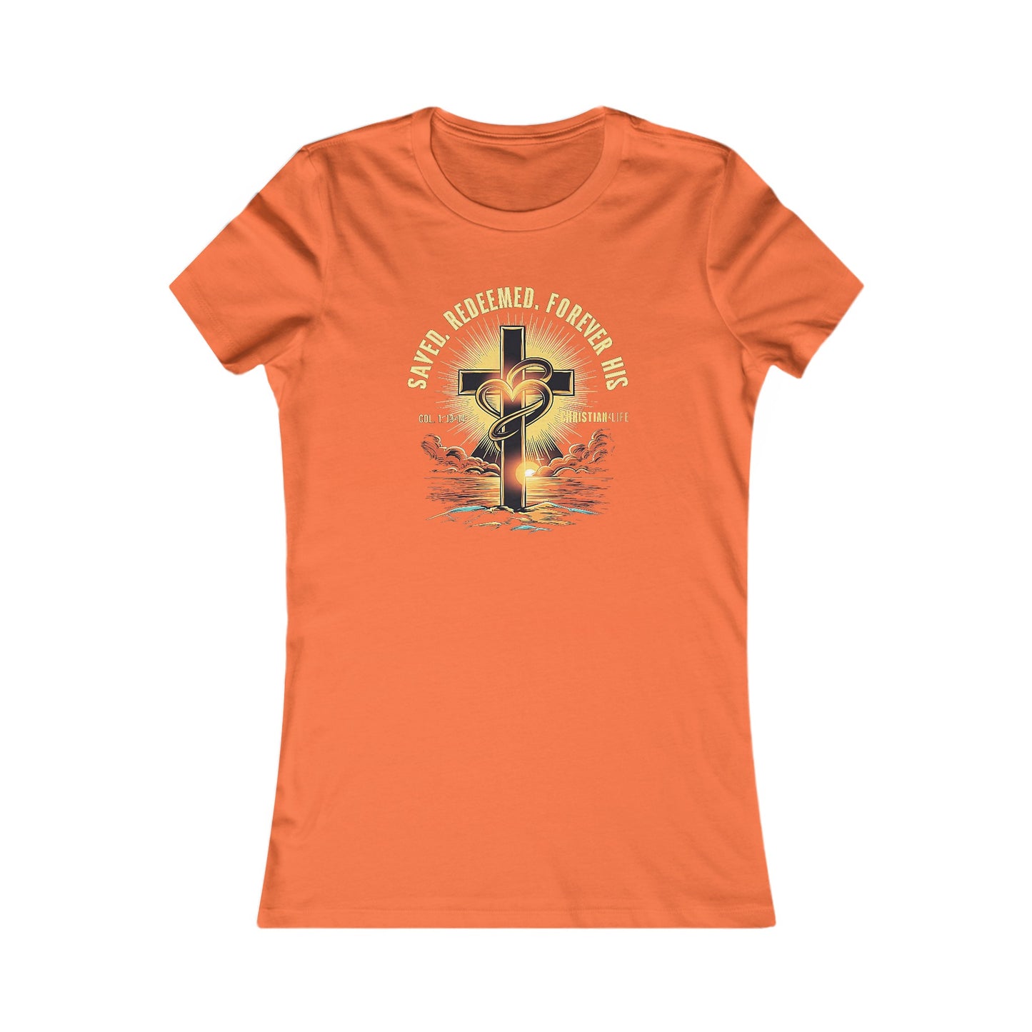 Women’s ’Saved Redeemed Forever His’ inspirational style Christian t-shirt - S / Orange - T-Shirt
