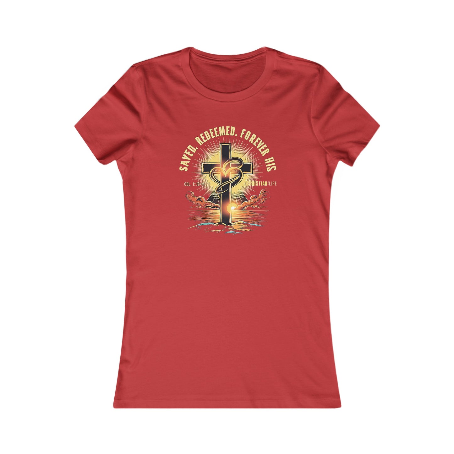 Women’s ’Saved Redeemed Forever His’ inspirational style Christian t-shirt - S / Red - T-Shirt