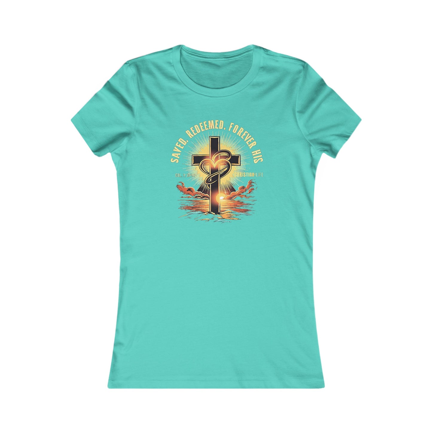 Women’s ’Saved Redeemed Forever His’ inspirational style Christian t-shirt - S / Teal - T-Shirt