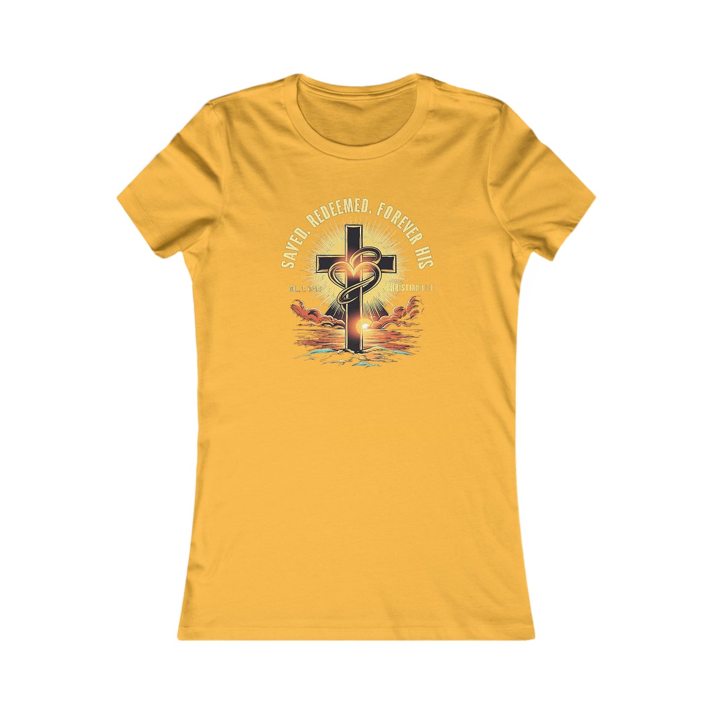Women’s ’Saved Redeemed Forever His’ inspirational style Christian t-shirt - S / Gold - T-Shirt