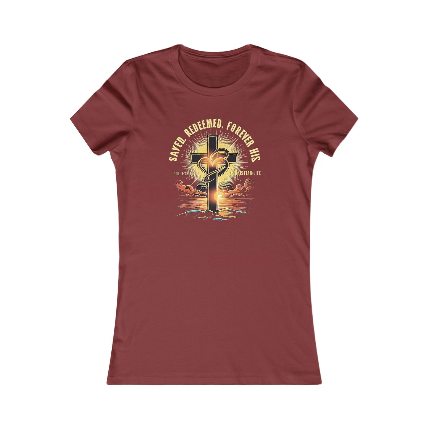 Women’s ’Saved Redeemed Forever His’ inspirational style Christian t-shirt - S / Cardinal - T-Shirt