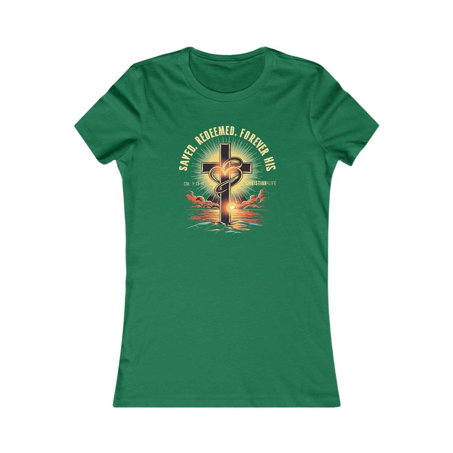 Women’s ’Saved Redeemed Forever His’ inspirational style Christian t-shirt - S / Kelly - T-Shirt