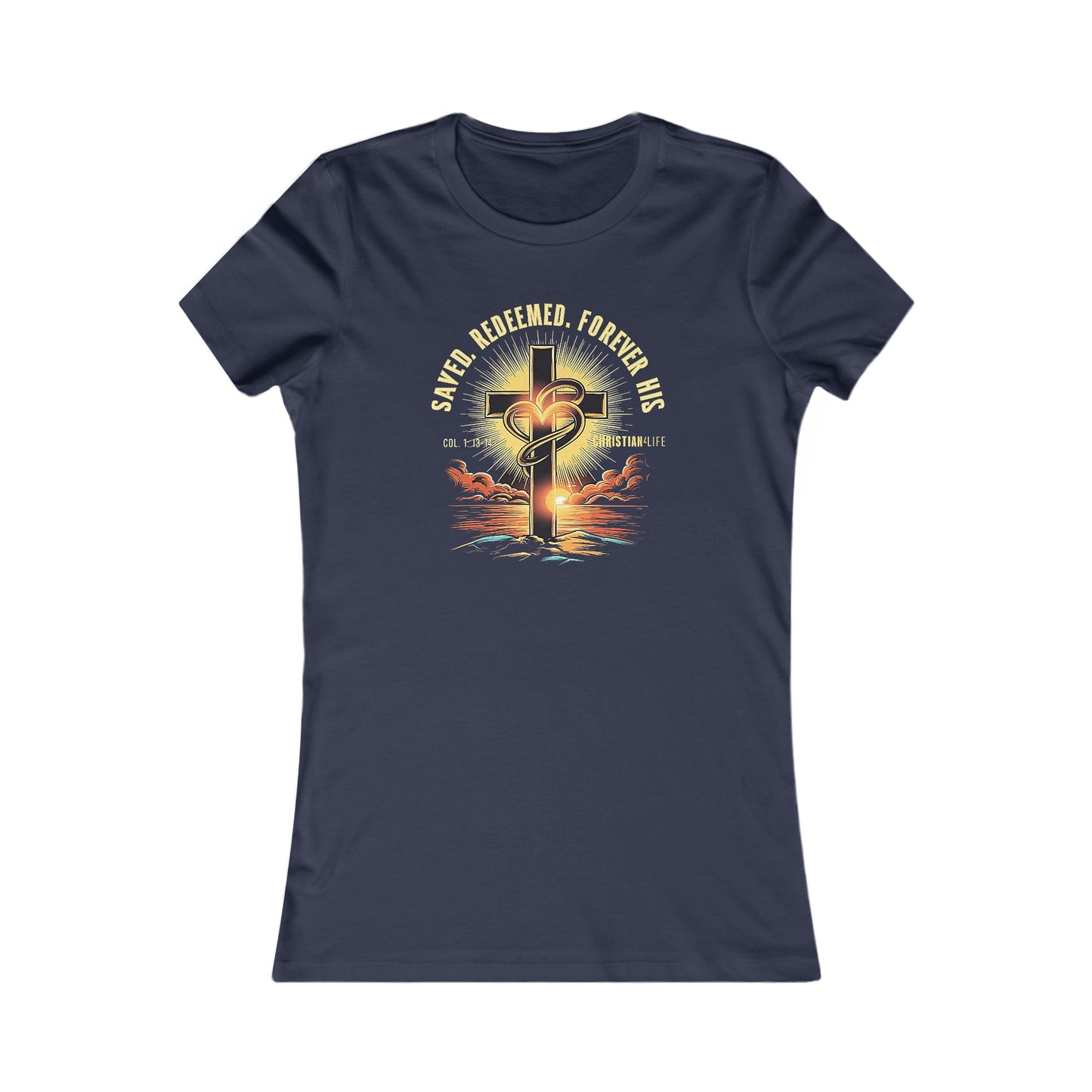 Women’s ’Saved Redeemed Forever His’ inspirational style Christian t-shirt - S / Navy - T-Shirt