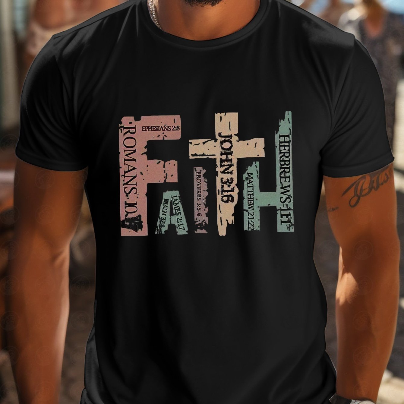 Men’s Casual Round Neck T-shirt - Faith With Inspirational Bible Scripture Print - Black / 2XL - T-Shirt