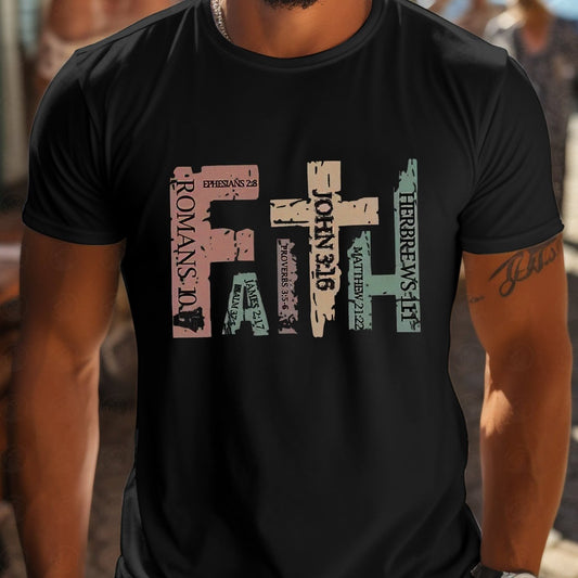 Men’s Casual Round Neck T-shirt - Faith With Inspirational Bible Scripture Print - Black / 2XL - T-Shirt