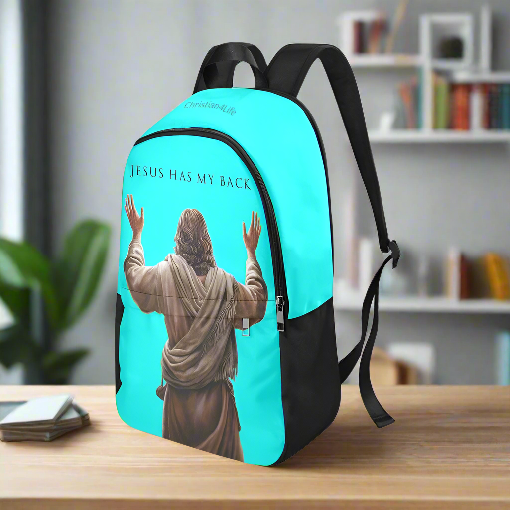 "Jesus Has My Back" Christian Backpack-Black Side Accent (Choose Green or Blue shades)