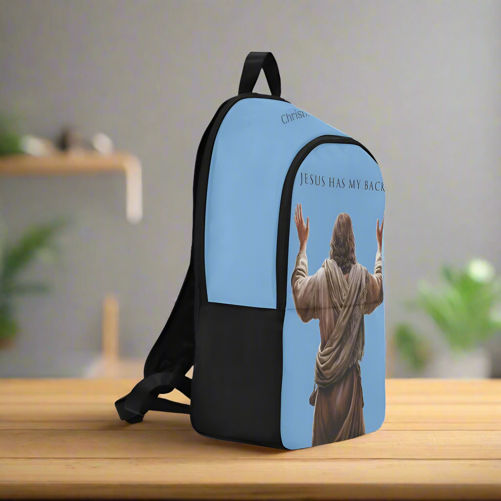 "Jesus Has My Back" Christian Backpack-Black Side Accent (Choose Green or Blue shades)