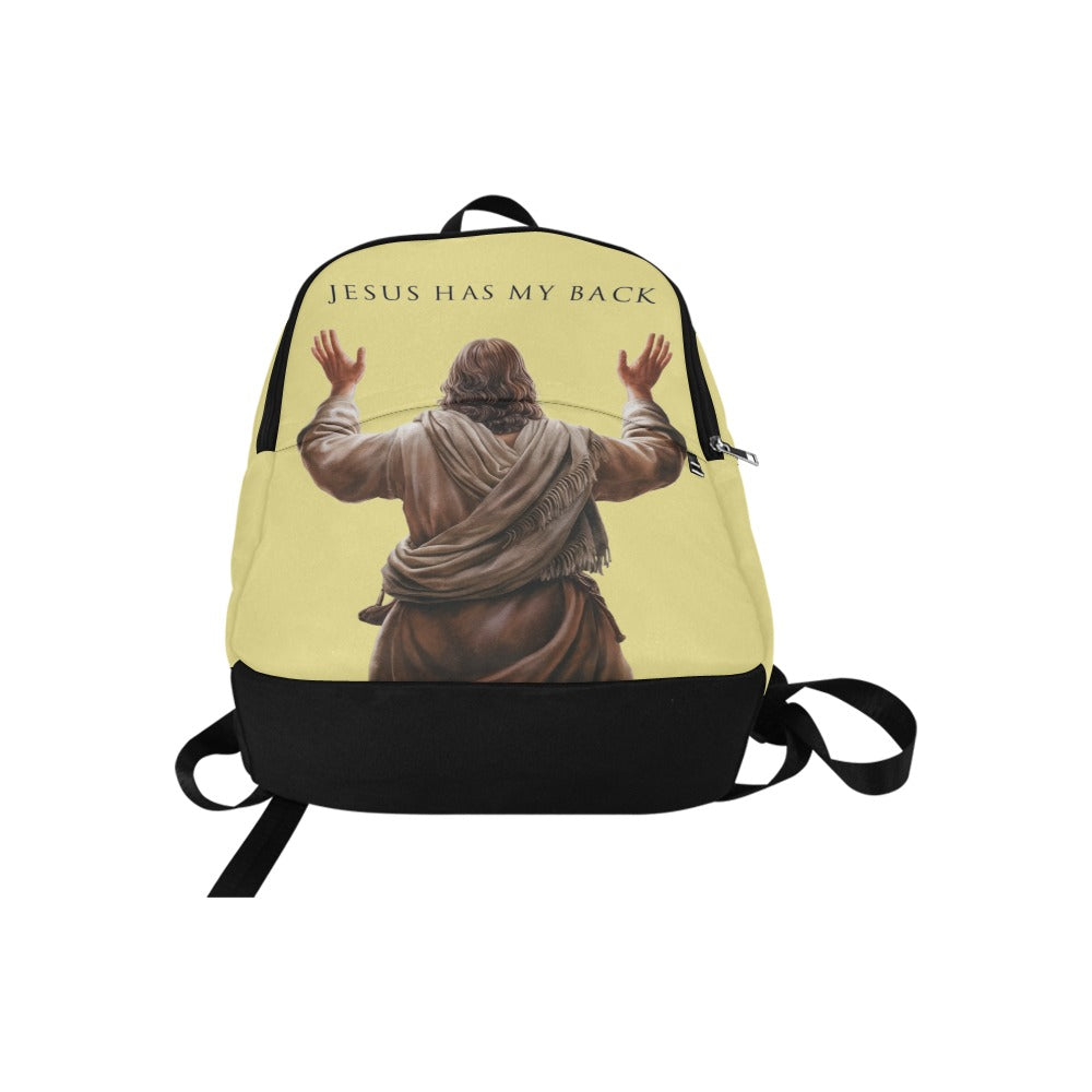 Backpack with a graphic of Jesus with arms outstretched and 'Jesus Has My Back' text on a yellow background.