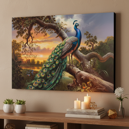 Peacock painting on a wall above a wooden console table with candles and decor.