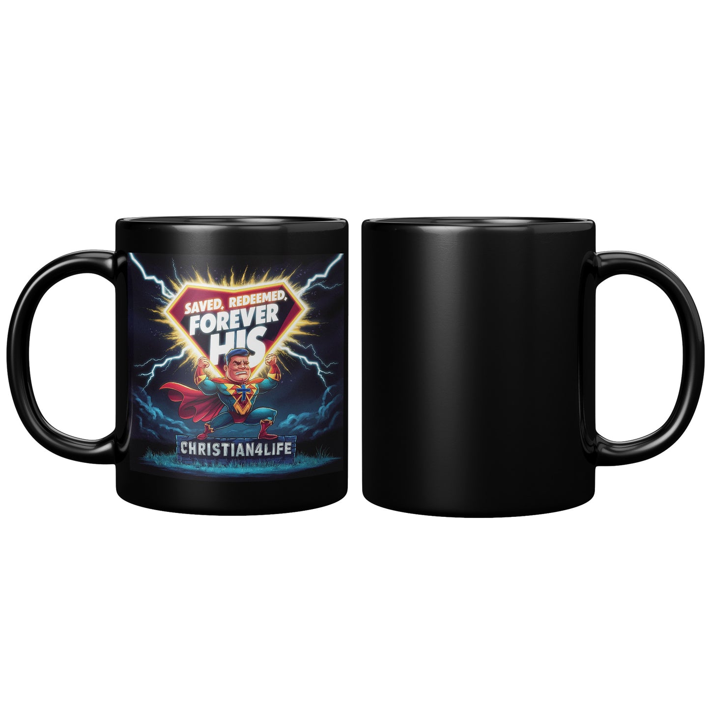 Christian 11oz Black Mug - Superhero ’Saved Forgiven Forever His’ Christian Mug for Men - Black - Mug