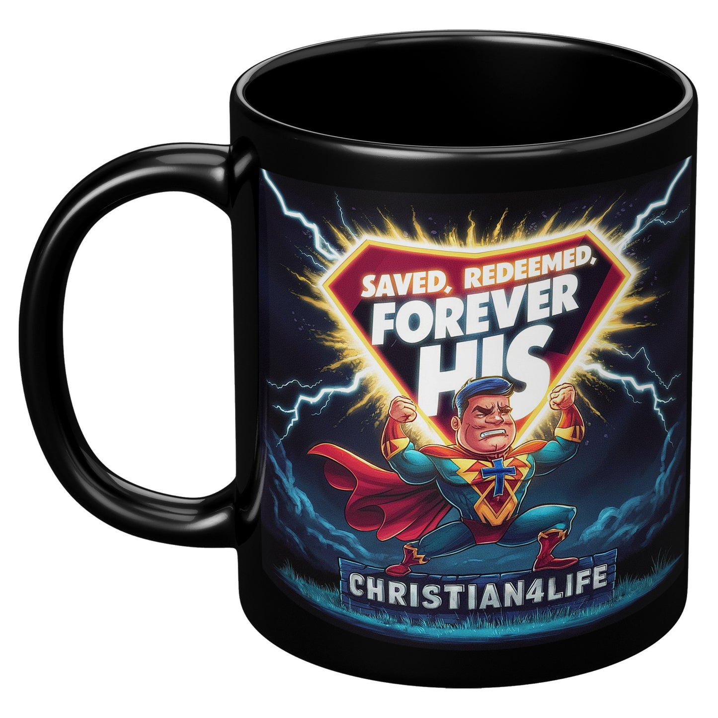 Christian 11oz Black Mug - Superhero ’Saved Forgiven Forever His’ Christian Mug for Men - Black - Mug