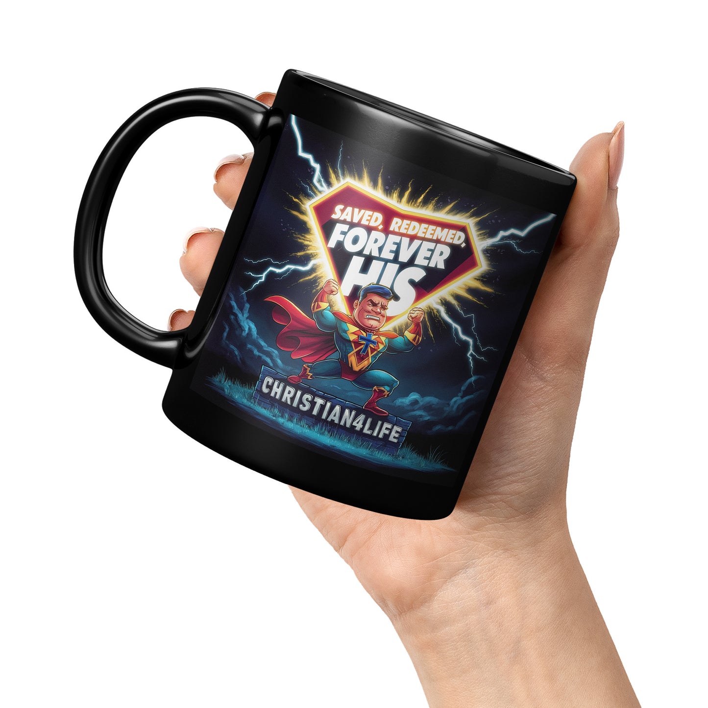 Christian 11oz Black Mug - Superhero ’Saved Forgiven Forever His’ Christian Mug for Men - Black - Mug