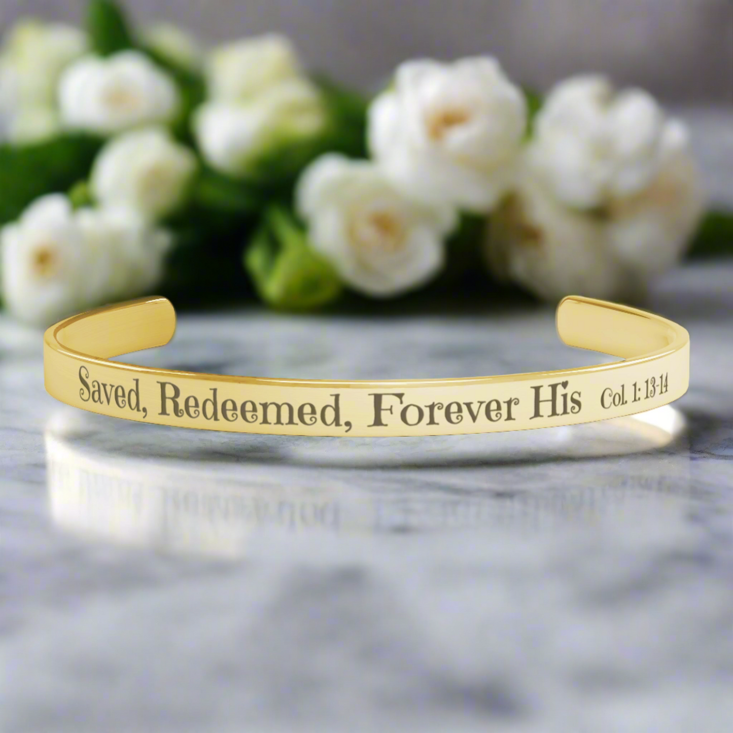 Christian cuff bracelet - ’Saved Redeemed Forever His’ - Gold - Jewelry