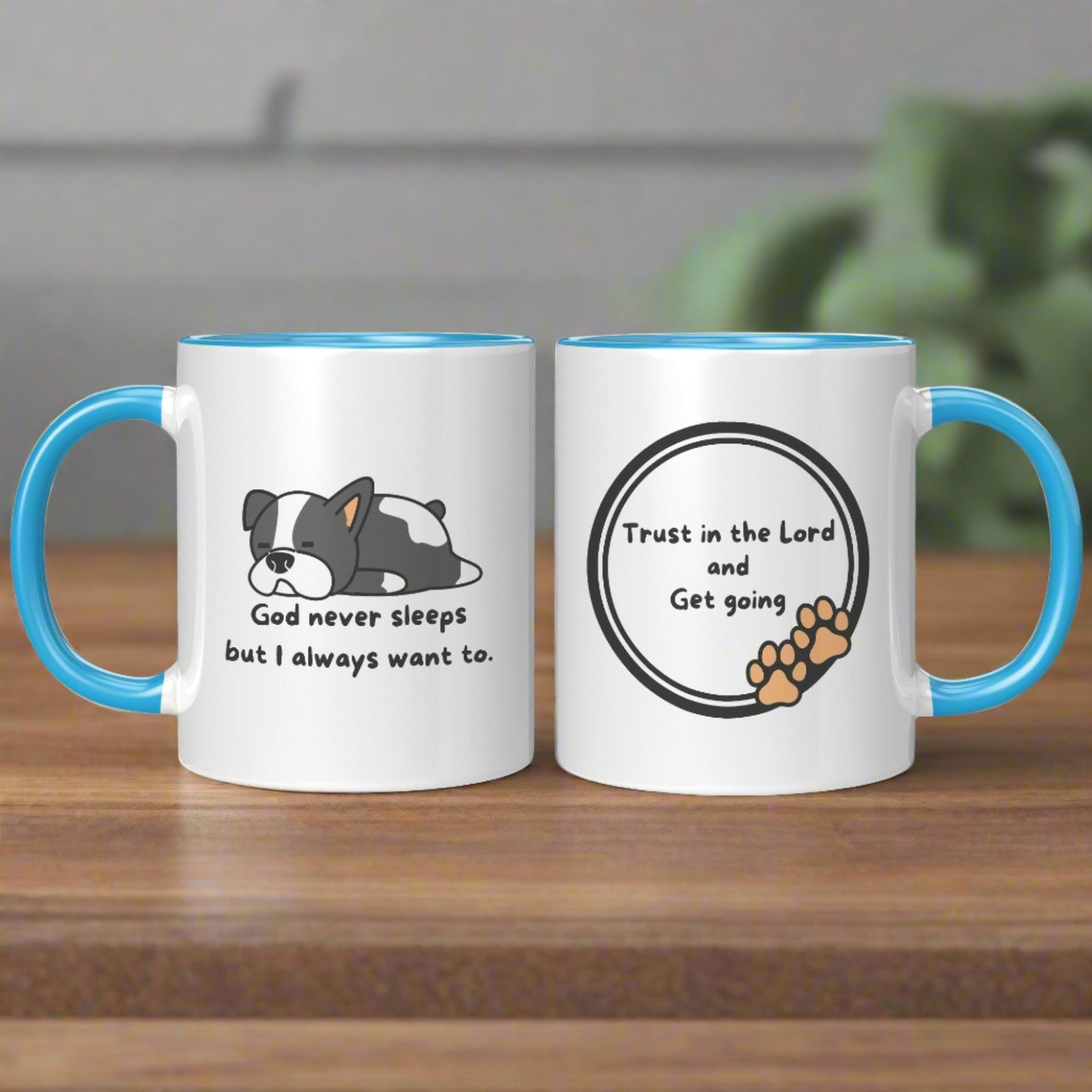 11oz ’God never sleeps but I always want to’ White Mug inside color schemes - Mug